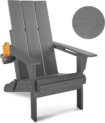 Adirondack Chair with Cup Holder: Folding Adirondack Chairs Plastic HDPE Material Furniture - Modern Composite Fire Pit Chairs Foldable for Outdoor/Backyard/Garden/Lawn/Deck/Porch/Patio