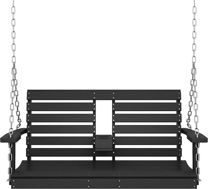 KINGYES Outdoor Hanging Patio Swing Chair, 2 Seat Swing with Cup Holders, Waterproof Bench for Courtyard & Garden, 660LBS Weight Capacity, Black
