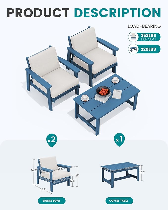 SERWALL HDPE Outdoor Couch, Blue Frame and Khaki Cushion - Photo 2