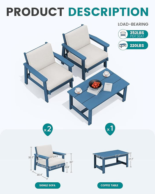 SERWALL HDPE Outdoor Couch, Blue Frame and Khaki Cushion