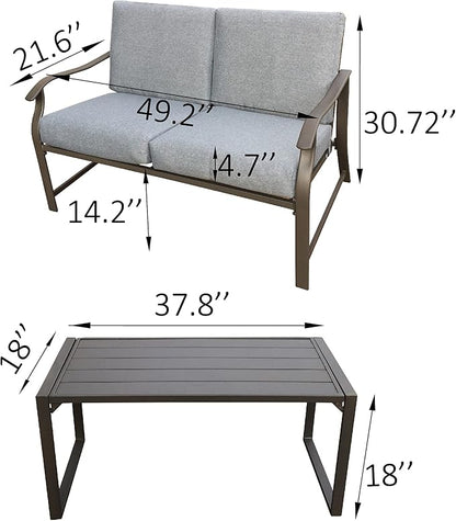 HomVent Outdoor Patio Furniture Love Seat and Coffee Table Set, Outdoor Bench Patio Loveseat Bench with Cushion and Metal Frame, Loveseat Furniture Set Sofa for Garden, Yard, Patio or Poolside (Gray)