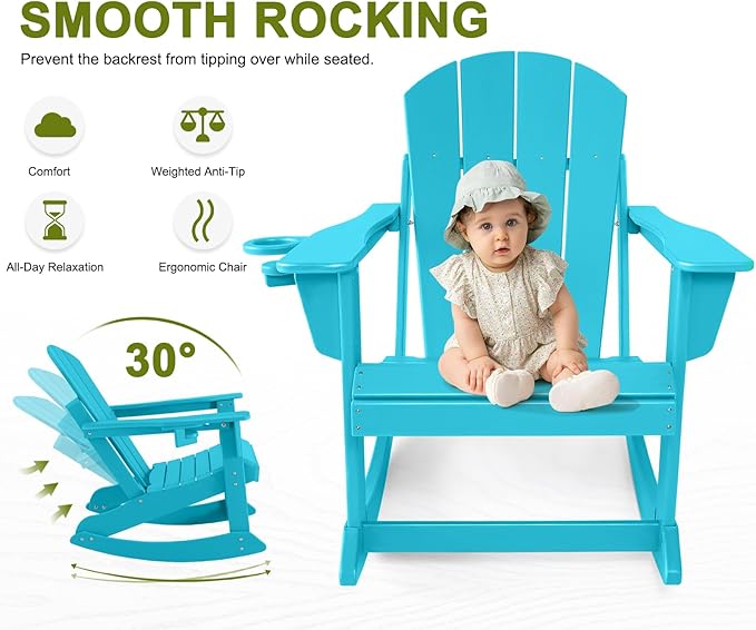 Outdoor Rocking Chair Set of 2, HDPE Poly All-Weather Patio Rocking Chairs with Cup Holder for Adults, Porch Rocker for Deck Patio Balcony, 440lbs, Turquoise