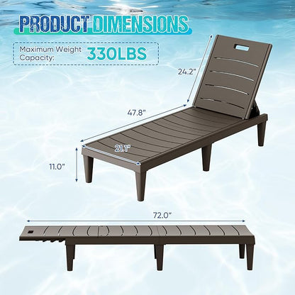 Greesum Outdoor Chaise Lounge Chair Set of 2, Waterproof 5-Position Adjustable PP Sun Loungers for Patio, Poolside, and Beach Sunbathing, Brown