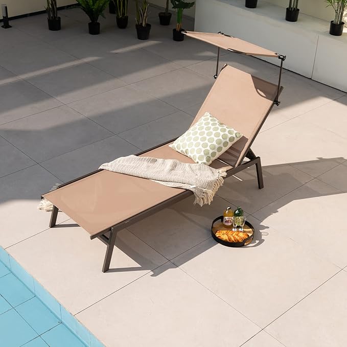 Tangkula 2 Pieces Patio Chaise Lounge Chair, Outdoor Recliner with Adjustable Canopy & Cup Holder, 6-Level Backrest, Heavy-Duty Metal Reclining Lounger for Poolside, Backyard (Brown)
