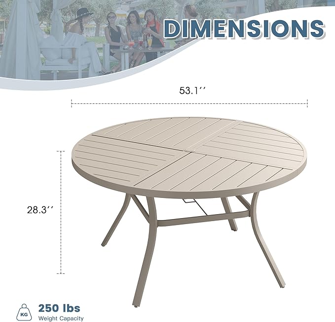 DIFY 53.1" Round Outdoor Patio Dining Table for 6-8, All-Weather Metal Steel Slatted Patio Table with 1.57" Adjustable Umbrella Hole, for Lawn Garden Porch Backyard, Sandshell