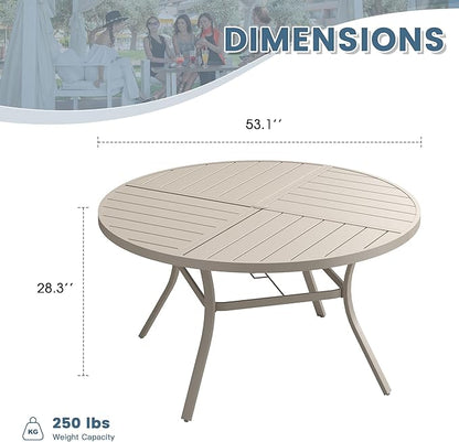 DIFY 53.1" Round Outdoor Patio Dining Table for 6-8, All-Weather Metal Steel Slatted Patio Table with 1.57" Adjustable Umbrella Hole, for Lawn Garden Porch Backyard, Sandshell