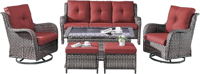 Rilyson Wicker Patio Furniture Set - 6 Piece Rattan Outdoor Sectional Conversation Sets with 2 Rocking Chair, 2 Ottoman - Photo 1