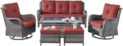 Rilyson Wicker Patio Furniture Set - 6 Piece Rattan Outdoor Sectional Conversation Sets with 2 Rocking Chair,2 Ottoman,1 Sofa and 1 Coffee Table for Porch Deck Garden(Mixed Grey/Red)