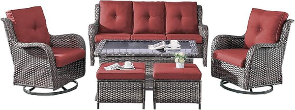 Rilyson Wicker Patio Furniture Set - 6 Piece Rattan Outdoor Sectional Conversation Sets with 2 Rocking Chair, 2 Ottoman - Photo 1