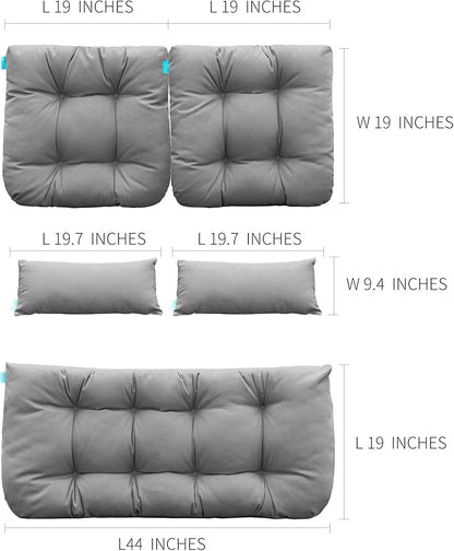 QILLOWAY Outdoor Patio Wicker Seat Cushions Group Loveseat/Two U-Shape/Two Lumbar Pillows for Patio Furniture,Wicker Loveseat,Bench,Porch,All Weather, Settee of 5 (Grey)