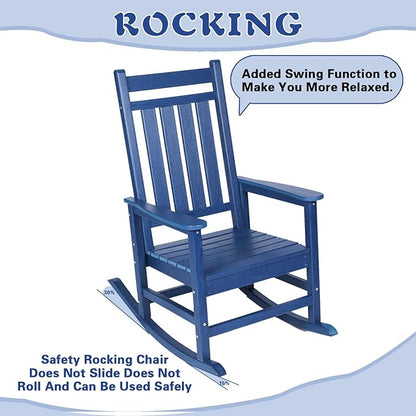 Outdoor Rocking Chair for Adults, High Back Patio Rocking Chair, HDPE All Weather Resistant Porch Rocker for Lawn, Porch, Backyard, Indoor and Garden (Navy Blue)
