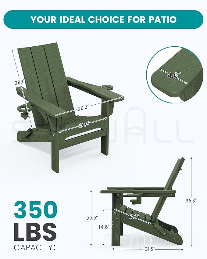 SERWALL Modern Adirondack Chair, Folding Adirondack Chair with Dual Cup Holders - Photo 3