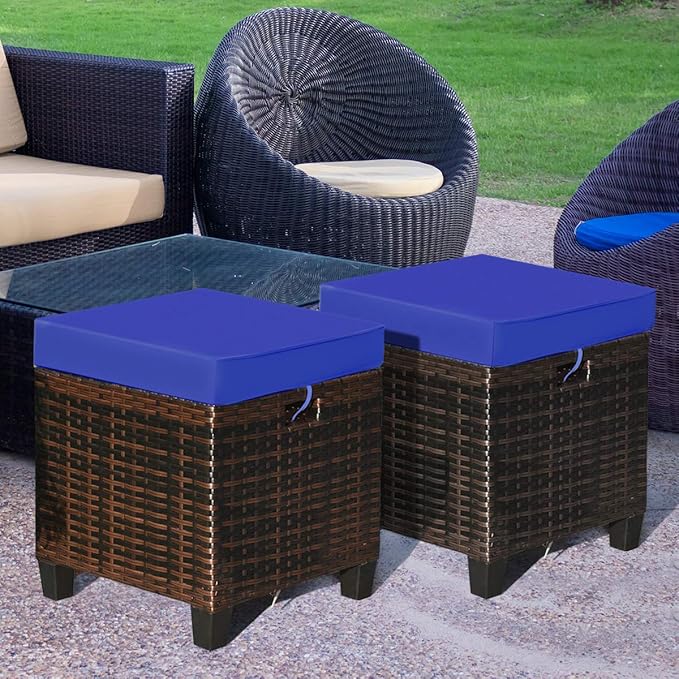 Tangkula 2 Pieces Outdoor Patio Ottoman, All Weather Rattan Wicker Ottoman Seat, Patio Rattan Furniture - Photo 5