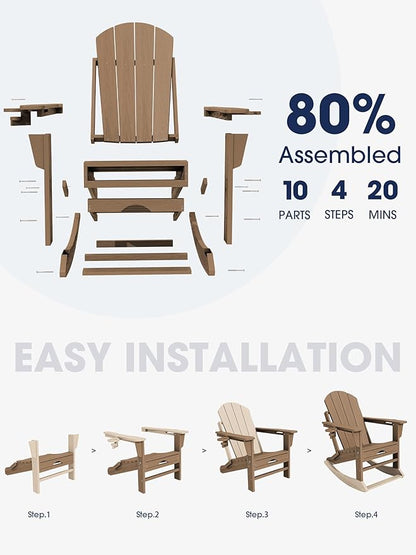 KINGYES Adirondack Rocking Chair Set of 4 with Retractable Ottoman and Cup Holders, HDPE Adirondack Rocker Patio Rocking Chair for Porch, Patio, Balcony, Brown