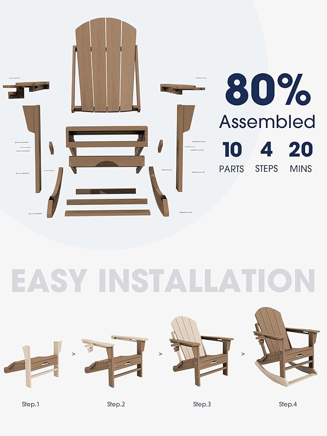 KINGYES Adirondack Rocking Chair with Retractable Ottoman and Cup Holders - Photo 5