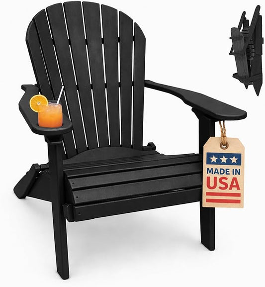 Ecommersify Folding Adirondack Chair with Cup Holder - (Black) - Heavy Duty Recycled Poly Lumber Folding Chair - Amish Crafted Outdoor Furniture - Made in USA