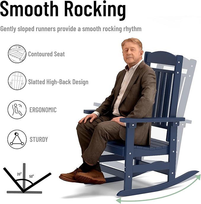 Outdoor Rocking Chairs Set of 8, Oversized High Back Patio Rocking Chairs, All Weather Porch Rocking Chairs for Outside. Navy Blue