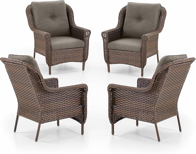 Patio Wicker Chairs Outdoor Furniture Chair - Set of 4 Outside All Weather Lawn Dining Brown Rattan Armchair with High - Photo 1