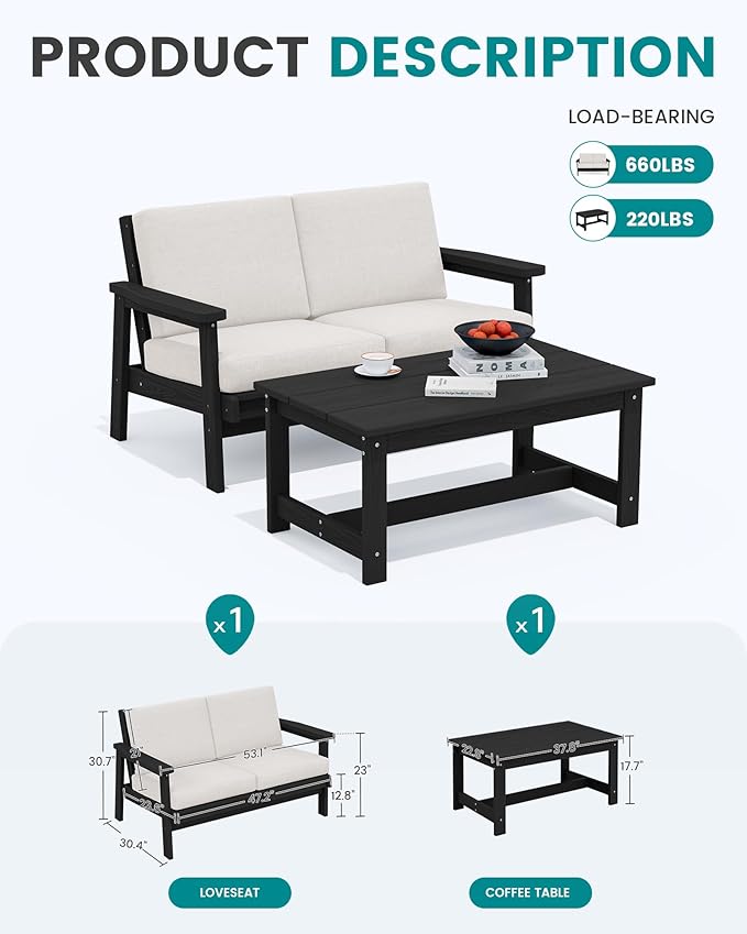 SERWALL Outdoor Loveseat, Black Frame and Khaki Cushion - Photo 2