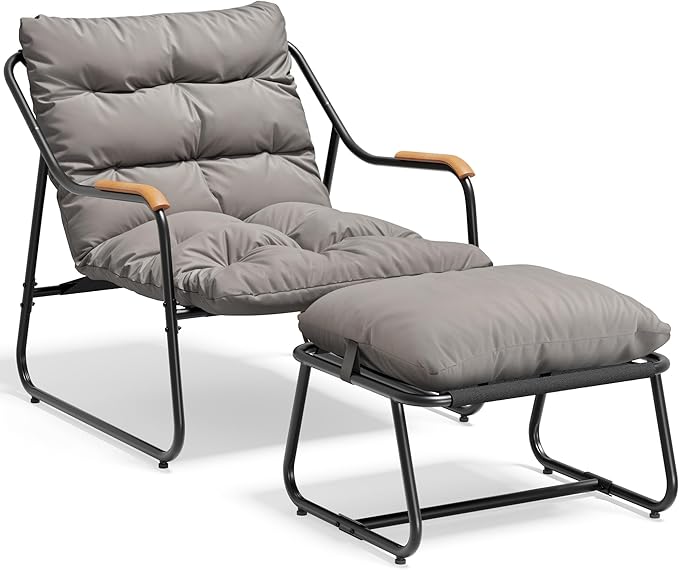 YITAHOME Patio Lounge Chair with Ottoman Set of 2, Oversized Papasan Chair with Soft Cushion, Indoor/Outdoor Textilene Lounge with Teak Wood Handrail and Footstool for Living Room, Porch, Backyard