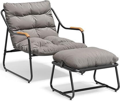 YITAHOME Patio Lounge Chair with Ottoman Set of 2, Oversized Papasan Chair with Soft Cushion, Indoor/Outdoor Textilene Lounge with Teak Wood Handrail and Footstool for Living Room, Porch, Backyard