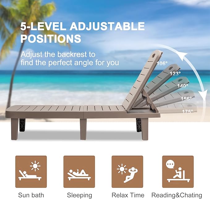 Outdoor Chaise Lounge Set of 4, Waterproof Pool Lounge Chairs for Outside w/5 Positions Recliner Chair for Patio, Poolside, Beach,All Weather Use, Taupe