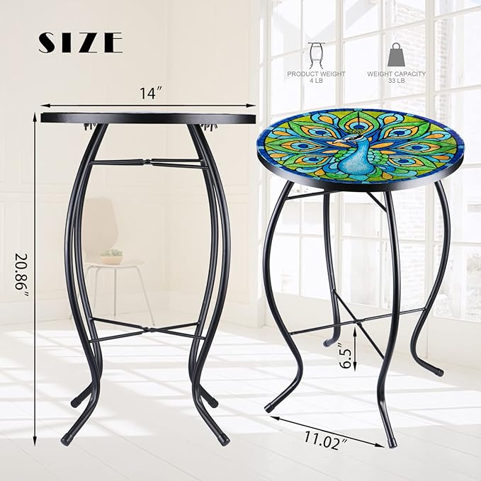 VCUTEKA Patio Side Table Outdoor Accent Table Bistro Coffee Table Plant End Table Small Porch Table Indoor Round Glass Balcony Plant Table Stands Peacock