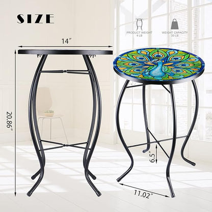 VCUTEKA Patio Side Table Outdoor Accent Table Bistro Coffee Table Plant End Table Small Porch Table Indoor Round Glass Balcony Plant Table Stands Peacock