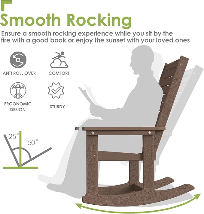 GREENVINES Outdoor Rocking Chairs | Porch Rocker | HDPE Plastic | Wood Grain | Oversized Rockers | High Back | Big & Tall | Ladder Back | Dark Brown | for Patio Outside