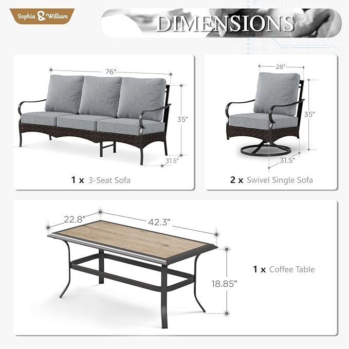Sophia & William Patio Furniture Set, 4 Piece Metal Outdoor Conversation Set with 3-Seater Outdoor Couch - Photo 7