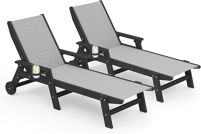 SERWALL Textilene Patio Chaise Lounge Chair Set of 2, 5 Positions Outdoor Lounger with Rolling Wheels for Pool, Deck - Photo 1
