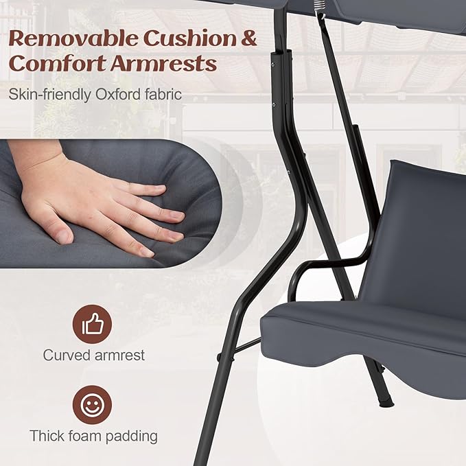 Tangkula 3 Person Porch Swing, Patio Swing with Removable Cushion & Powder-Coated Steel Frame - Photo 5