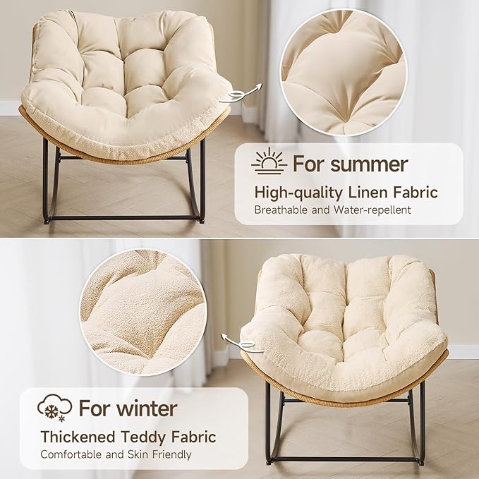 ONBRILL Outdoor Rocking Chairs, Oversized Papasan Rocking Chair Indoors with Padded Cushions, Rattan Wicker Lounge Chair for Living Room, Porch, Patio, Garden, Beige