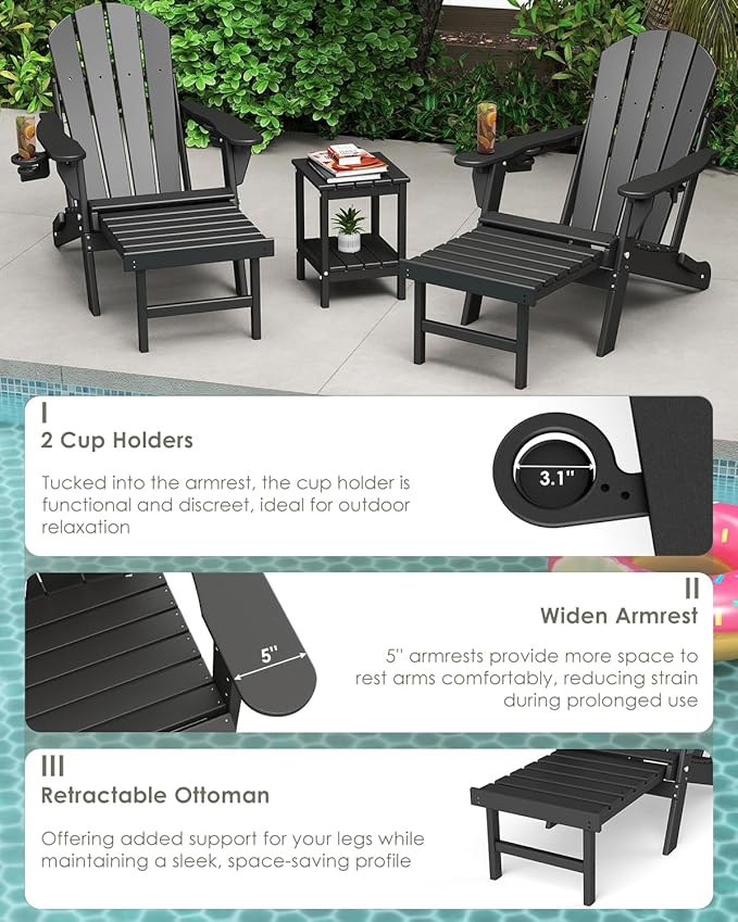 GREENVINES Adjustable Adirondack Chair with Retractable Ottoman Set of 2 | Folding | HDPE Plastic - Photo 7