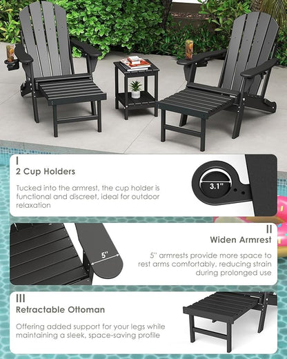 GREENVINES Adjustable Adirondack Chair with Retractable Ottoman Set of 2 | Folding | HDPE Plastic | Fire Pit Chairs w/Foot Rest | 2 Cup Holders | Black | for Outdoor Patio Poolside Deck