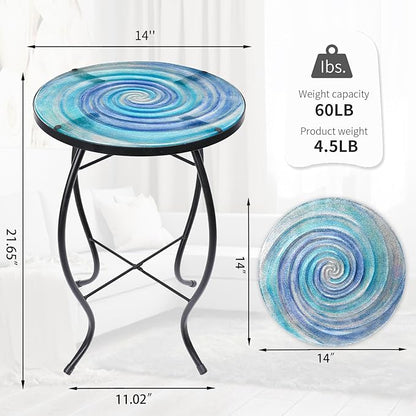 VCUTEKA Patio Side Table Outdoor Accent Table Small Mosaic Table Coffee Table End Tables Porch Indoor Outdoor Round Glass Balcony Bistro Blue Purple Gradient Starry Vortex