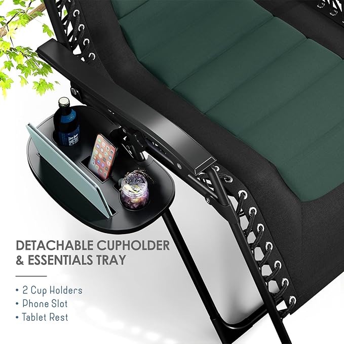 Nestl Outdoor Padded Zero Gravity Chair, Patio Lounge Chair Outdoor Recliner, Oversized Anti Gravity Lounger with Adjustable Headrest and Cup Holder, Foldable for Camping, Yard - Black/Forest Green