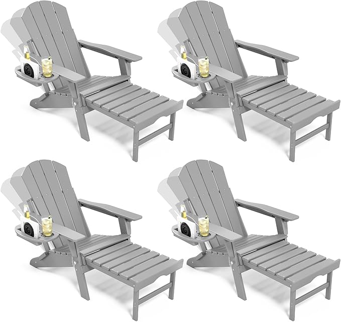 Adjustable Adirondack Chair with Retractable Ottoman Set of 4, HDPE Folding Adirondack Chair with Cup Holder, All Weather Fire Pit Chair for Outdoor.