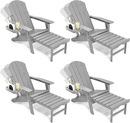 Adjustable Adirondack Chair with Retractable Ottoman Set of 4, HDPE Folding Adirondack Chair with Cup Holder, All Weather Fire Pit Chair for Outdoor.