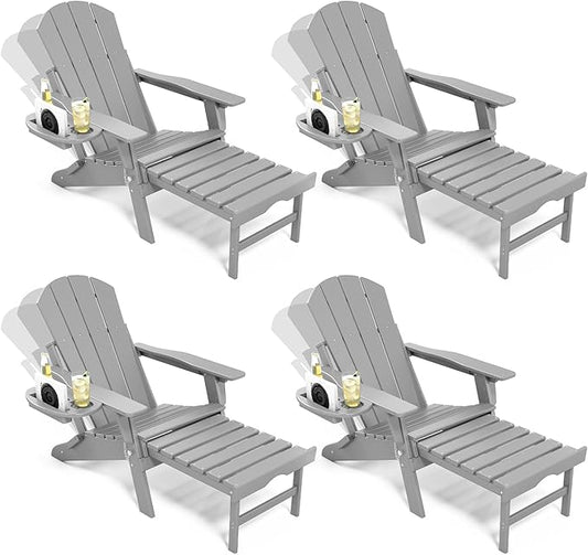 Adjustable Adirondack Chair with Retractable Ottoman Set of 4, HDPE Folding Adirondack Chair with Cup Holder, All Weather Fire Pit Chair for Outdoor.