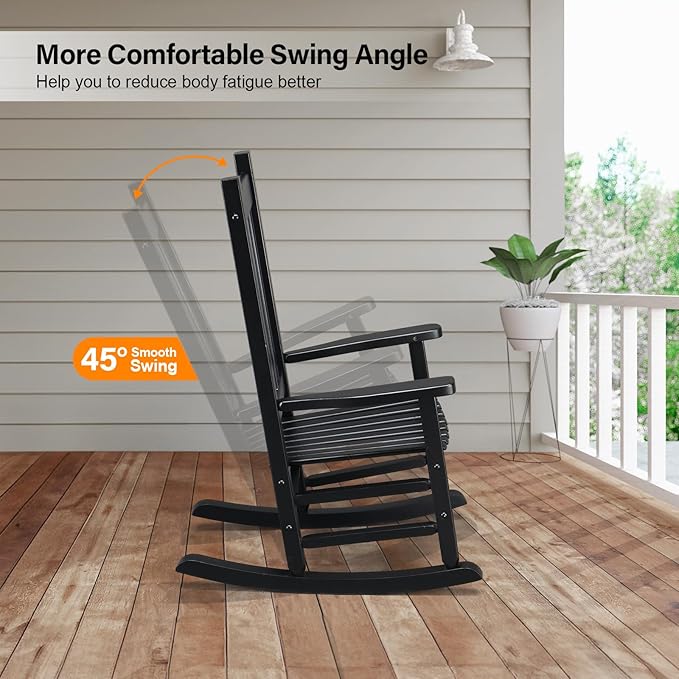 VINGLI Outdoor Child’s Rocking Chair, All Weather Wooden Rocking Chair with High Backrest, Patio Rocker for Garden, Yard, Balcony, Wooden Rocker for 3-9 Years Old, Black