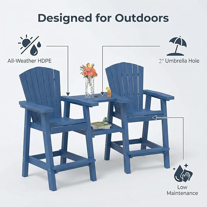 GLANC Tall Adirondack Chairs Set of 2, All Weather Resistant HDPE Bar Height Balcony Adirondack Chair with Connecting Trays, Upgraded Outdoor Adirondack Barstools for Deck Patio Pool Lawn (Navy Blue)