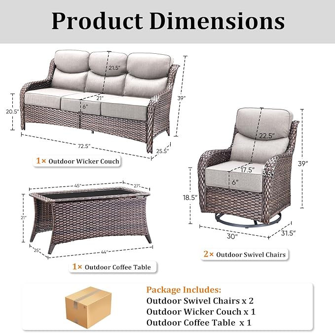 Luxury High Back Patio Furniture Set with 6-Inch Thick Cushions, 4-Pieces Outdoor Furniture with Swivel Chairs - Photo 9