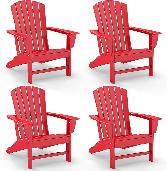 GREENVINES Adirondack Chairs Set of 4 | HDPE Plastic | Oversized Fire Pit Chair | All Weather | Red | Poly Lumber | for Outdoor Deck Backyard Patio Garden