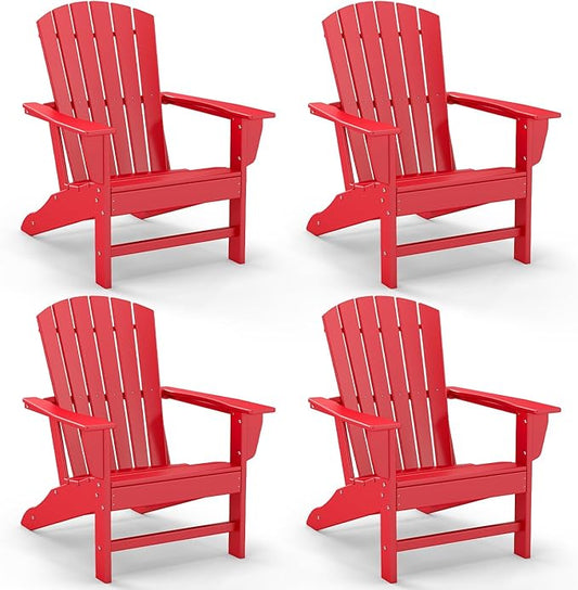 GREENVINES Adirondack Chairs Set of 4 | HDPE Plastic | Oversized Fire Pit Chair | All Weather | Red | Poly Lumber | for Outdoor Deck Backyard Patio Garden