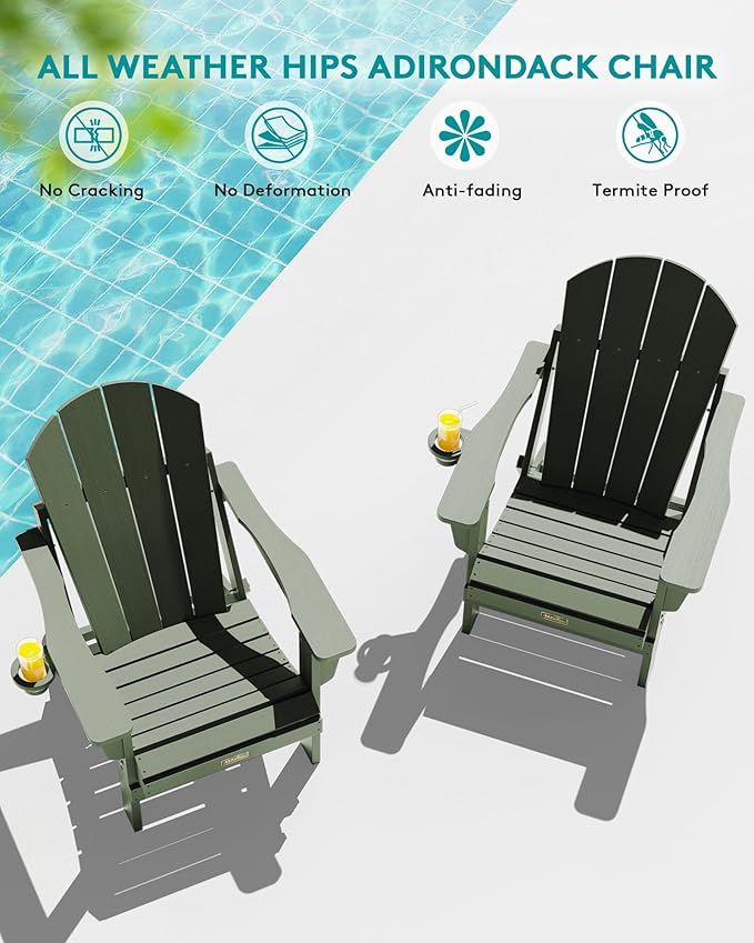 SERWALL Foldable Adirondack Chair with Cup Holder Set of 2 for Patio Garden Outdoors Fire Pit Chairs-Avocadogreen