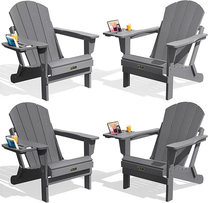 SERWALL Folding Adirondack Chair Set of 4, Outdoor Adirondack Chairs with 4 in 1 Cup Holder, Wood Texture Patio Chairs, Weather Resistant Fire Pit Chairs for Patio Deck Garden, Backyard Deck - Gray
