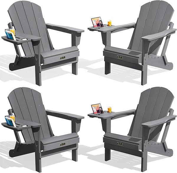 SERWALL Folding Adirondack Chair Set of 4, Outdoor Adirondack Chairs with 4 in 1 Cup Holder, Wood Texture Patio Chairs - Photo 1
