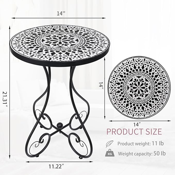 VCUTEKA Outdoor Side Table Mosaic Patio Table Accent Tables Mosaic Tile Top Metal Frame Small End Tables Porch Beach Patio Garden Balcony Black 14 inch