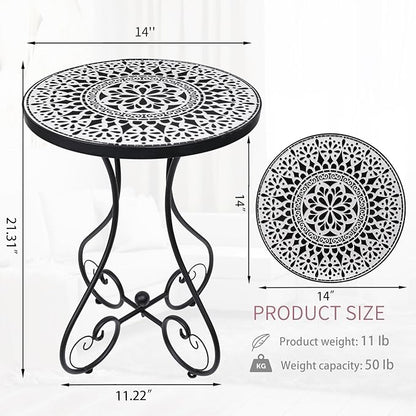 VCUTEKA Outdoor Side Table Mosaic Patio Table Accent Tables Mosaic Tile Top Metal Frame Small End Tables Porch Beach Patio Garden Balcony Black 14 inch